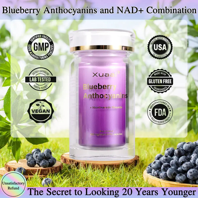 1 Bottle Xuaai Blueberry Anthocyaninis+NR- NAD Supplement for Skin Aging Support, Energy, and Focus - 60 Capsules - Vitamin & Wellness Supplements Dietary Healthcare Edible Support eye health