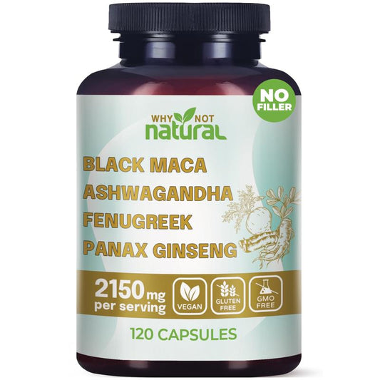 4-in-1 Organic Black Maca Root, Ashwagandha, Fenugreek, Panax Ginseng Supplement for Men and Women in Capsules by Why Not Natural Healthcare Edible
