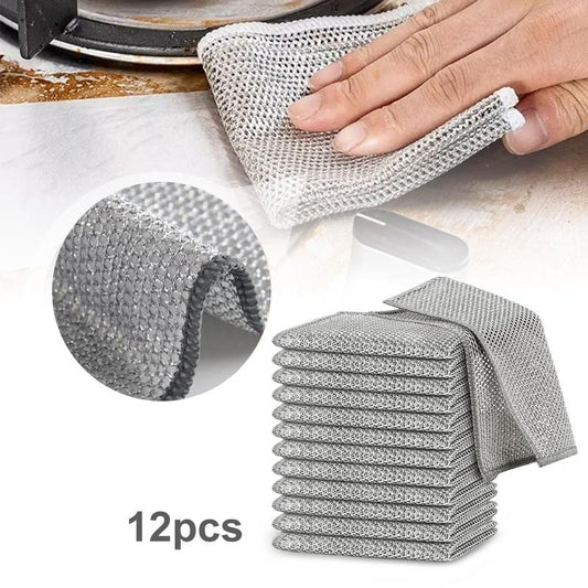 12 counts Steel Wool Dishcloth Non-Scratch Quick Dry Mesh Cloth Dishes Wire Dishwashing Rag Multipurpose Kitchen Dish Cloths Scouring Pads Multi-Use Scrubbers, Bulk Rags Net Rags for Washing Dishes Cleaning Fruit or Wet Dry Durable Cleaning Pads