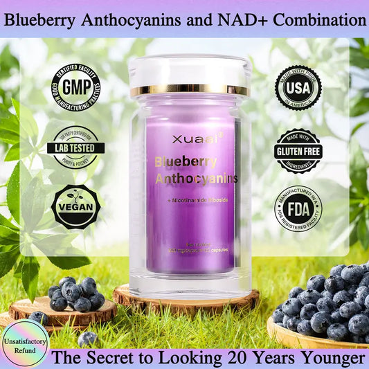 1 Bottle Xuaai Blueberry Anthocyaninis+NR- NAD Supplement for Skin Aging Support, Energy, and Focus - 60 Capsules - Vitamin & Wellness Supplements Dietary Healthcare Edible Support eye health