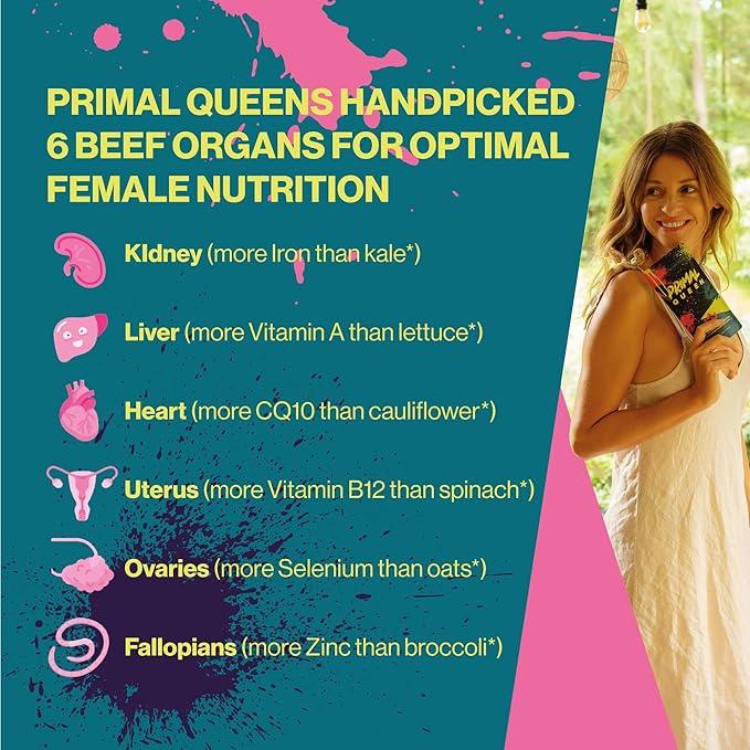Primal Queen Beef Organ Superfood - 30 Day Refill，Female-Optimized Beef Organ Superfood Supplement (Beef Liver, Kidney, Heart, & 3 More) - 100% Grass Fed, Pasture Raised Cattle - Balance Hormones, Energy, & More for Women