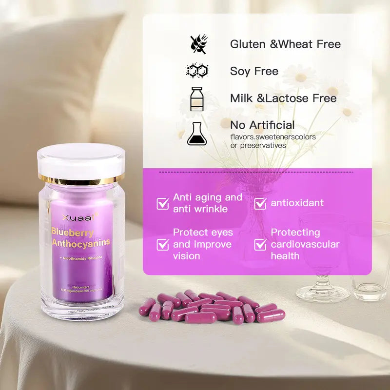 1 Bottle Xuaai Blueberry Anthocyaninis+NR- NAD Supplement for Skin Aging Support, Energy, and Focus - 60 Capsules - Vitamin & Wellness Supplements Dietary Healthcare Edible Support eye health