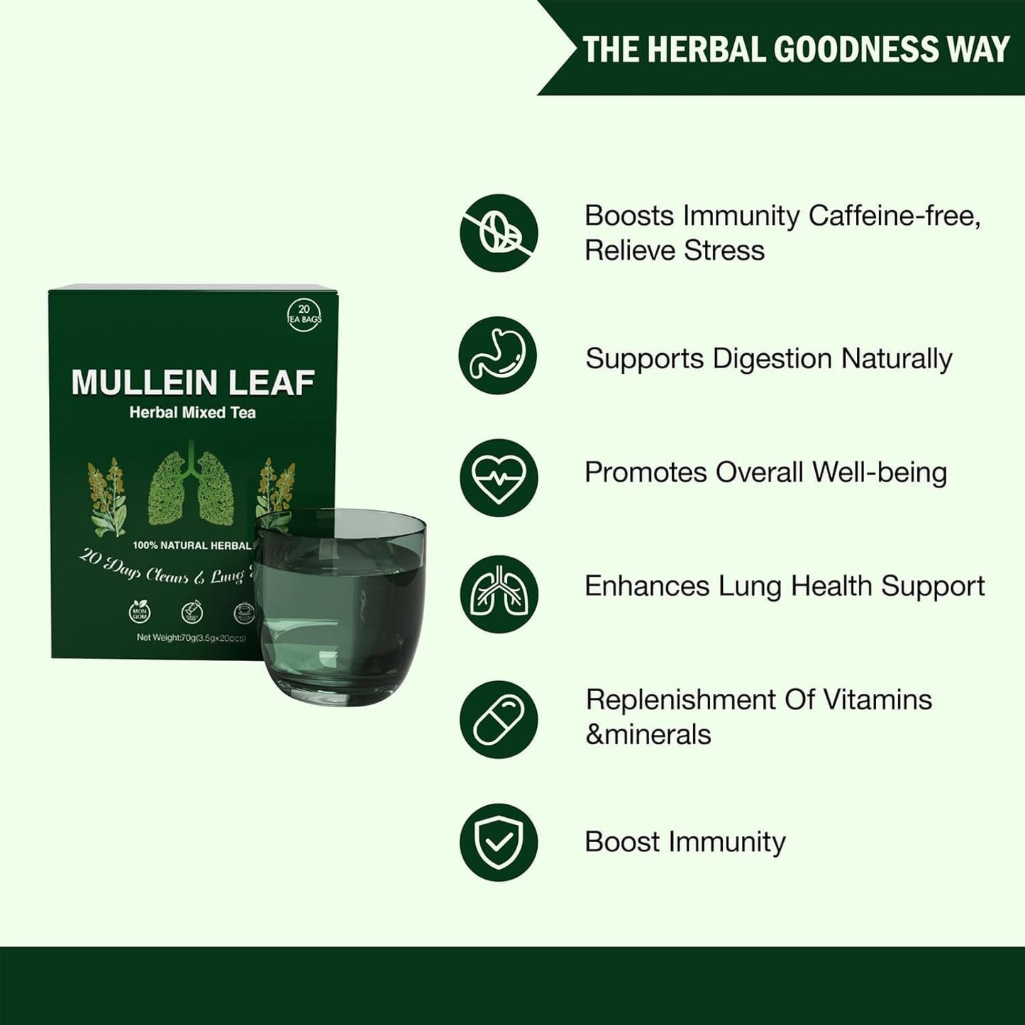 Mullein Leaf Tea,Organic Kidney Cleanse Herbal Mullein Leaf Tea For Lungs Cleanse And Respiratory Support,Mullein Leaf Tea Bags For Men Women,Caffeine Free, 20 Tea Bags (1Box(20pcs))