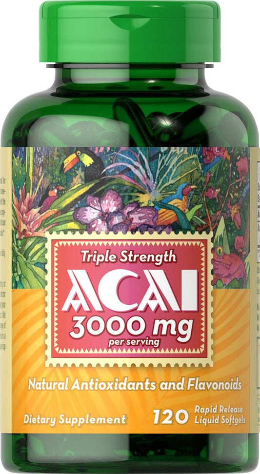 Puritan's Pride Triple Strength Acai 75 MG (3000 mg Equivalent) with Antioxidant Properties and Flavonoids, Supplement to Support Healthy Aging, 2 Month Supply, 120 Rapid Release Liquid Softgels