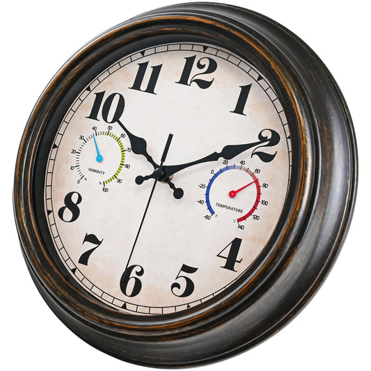 12 Inch Outdoor Wall Clock with Thermometer & Hygrometer, Waterproof Large Weather Station for Patio, Battery Operated Silent Non-Ticking, Pool Area, Garden Decor, Garage, Vintage Retro Design