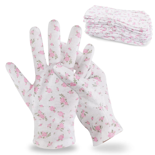 HandLove 12 Pairs Premium 100% Cotton Gloves, Dry Hands & Eczema, Overnight Lotion & Spa Treatment for Women & Men, Reusable | White Floral Dots
