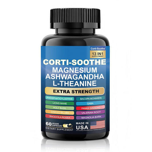 Corti-Soothe Extra Strength Formula, Mag-nesium, Ash-wagandha, L-Theanine — Advanced Stress Relief & Focused Relaxation, Non-GMO, 1 Pack-60 Count