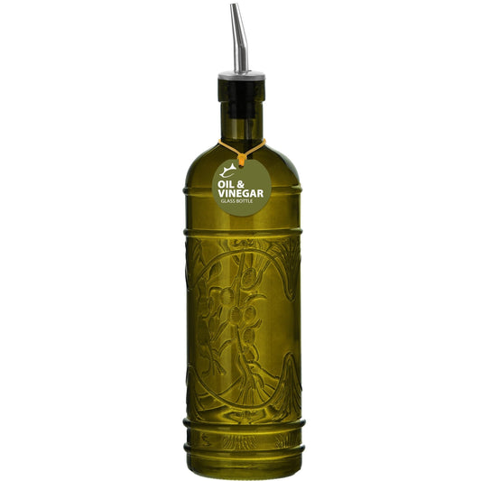 Couronne Company Olive Branch Recycled Glass Oil or Vinegar Bottle with Pour Spout, , 11 Inch Tall, 16.1 Ounce, Vintage Green, 1 Piece, 475ml