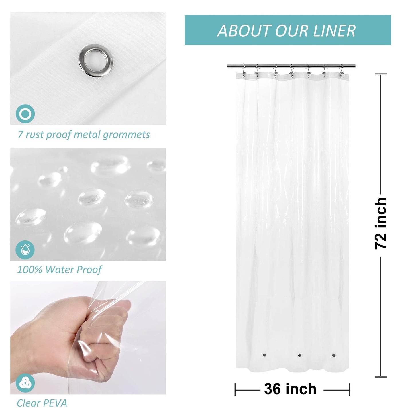 Mrs Awesome Small Stall Shower Curtain Liner 36 x 72 inch, PEVA 8G Thick & Heavy Duty, 3 Bottom Magnets, Waterproof, 36x72, Clear
