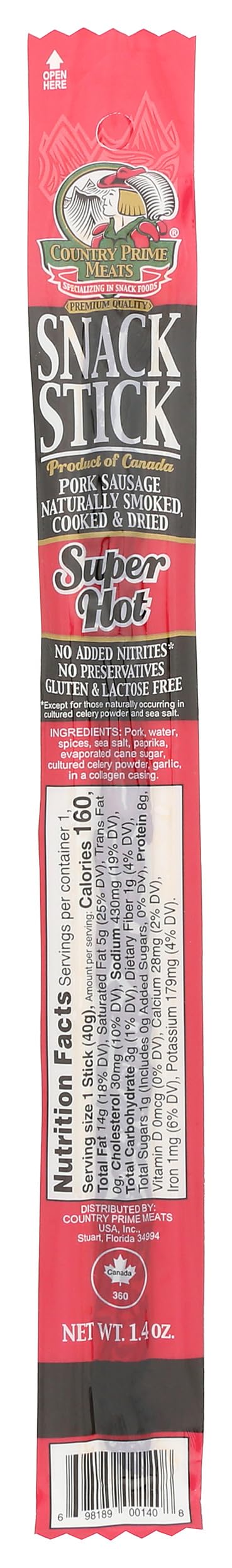 Country Prime Meats Snack Stick, Super Hot, Gluten Free, 1.4 Ounce (Pack of 25)