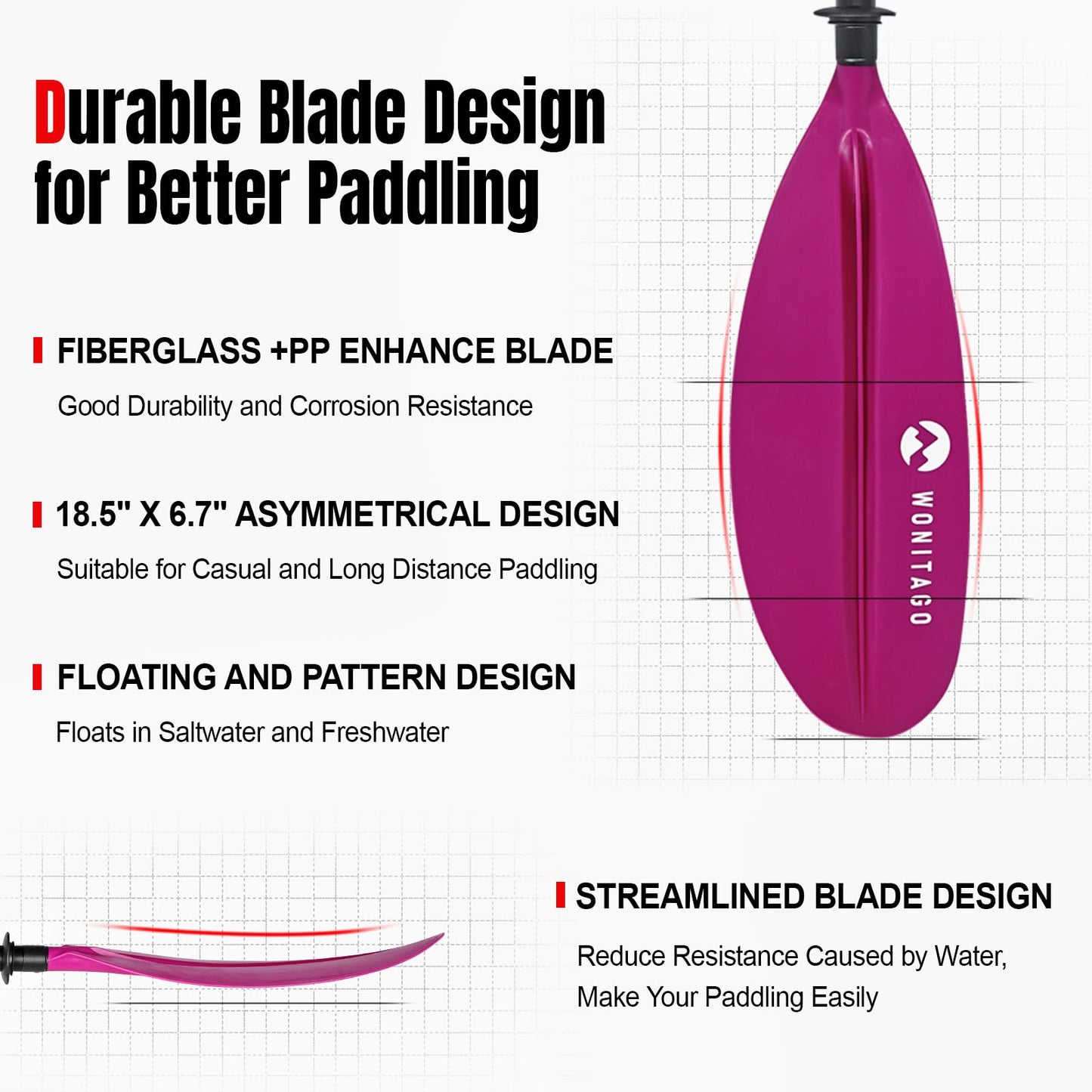 WONITAGO Kayak Paddles with Fiberglass Shaft and Reinforced PP Blade, Floating Adjustable Kayaking Oars, 3 Piece, 240-260 cm/94-102 Inches, Pink
