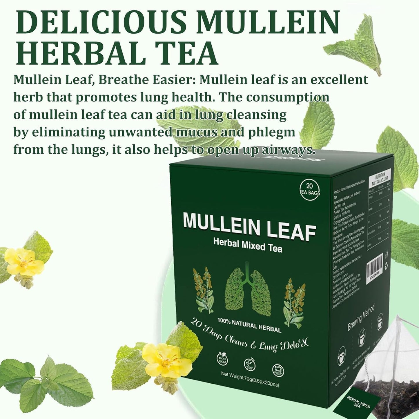 Mullein Leaf Tea,Organic Kidney Cleanse Herbal Mullein Leaf Tea For Lungs Cleanse And Respiratory Support,Mullein Leaf Tea Bags For Men Women,Caffeine Free, 20 Tea Bags (1Box(20pcs))