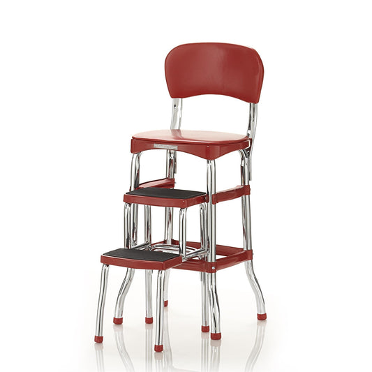 COSCO Stylaire Retro Chair + 2-Step Step Stool with Pull-Out Steps, 7 Ft. 11in Max Reach, 200 lb Weight Capacity, Steel and Vinyl (Red, one pack)