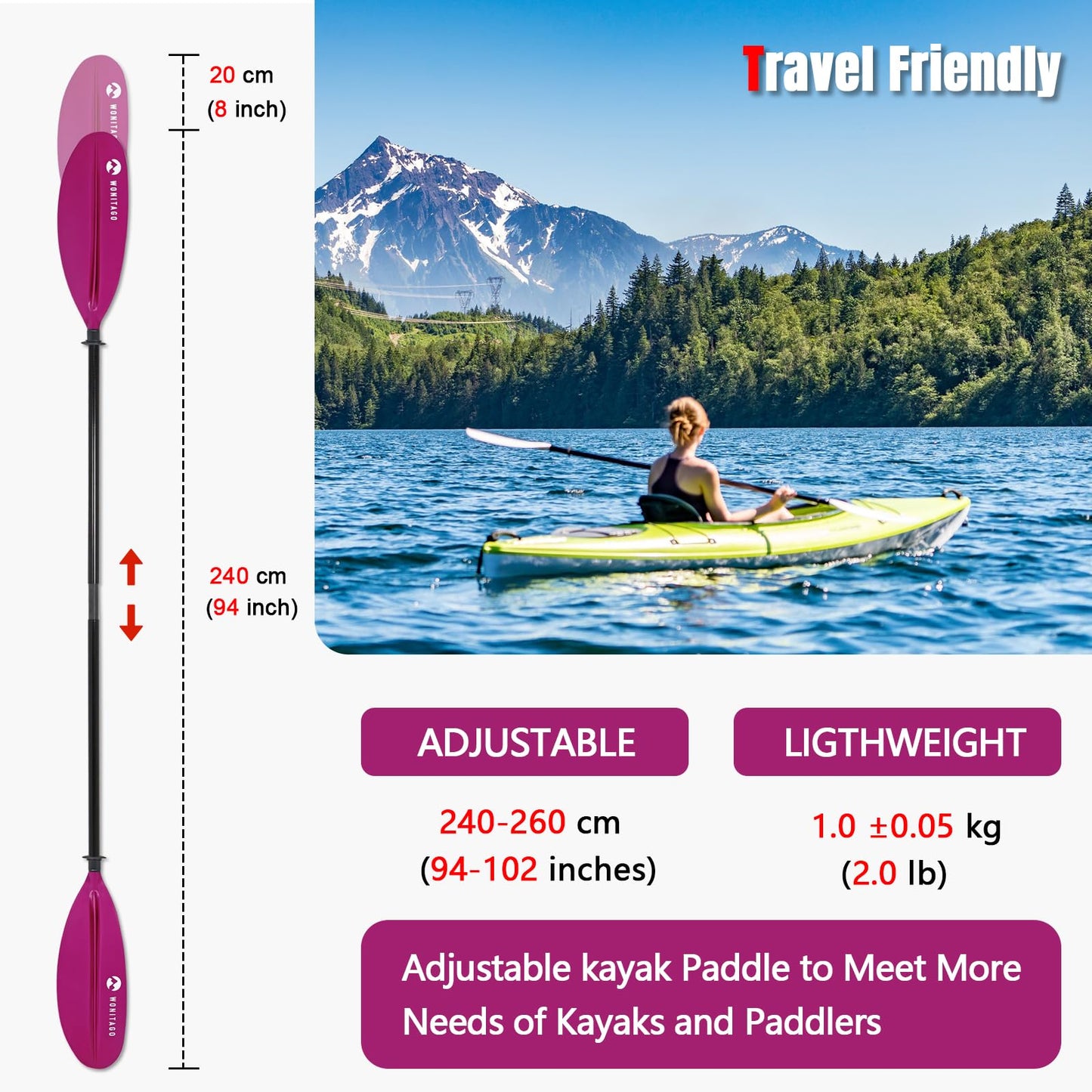 WONITAGO Kayak Paddles with Fiberglass Shaft and Reinforced PP Blade, Floating Adjustable Kayaking Oars, 3 Piece, 240-260 cm/94-102 Inches, Pink