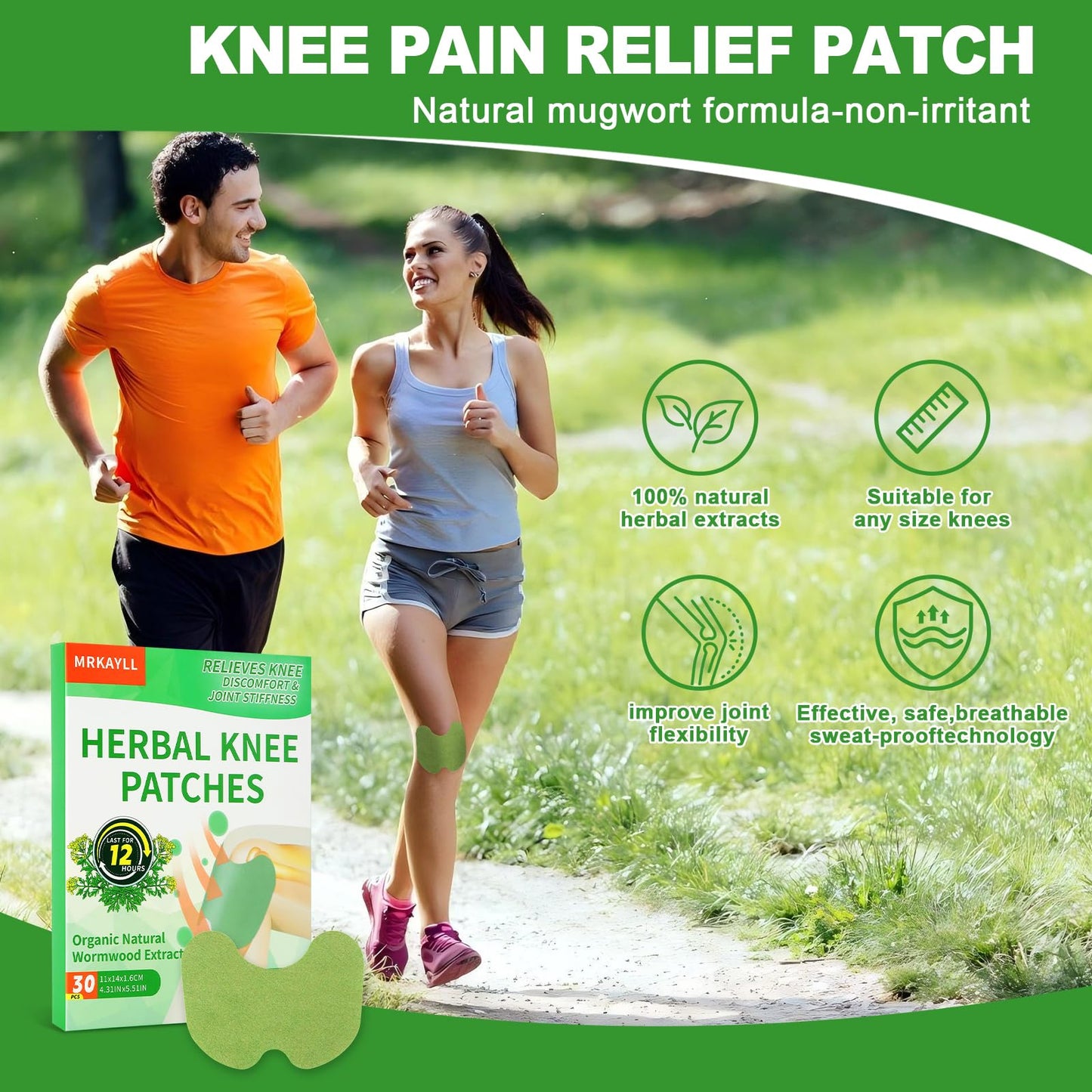 Mrkayll 30Pcs Knee Pain Relief Patch, Warming Herbal Plaster Pain Patches, Knee Patches for Pain Relief Bone on Bone Extra Strength,12 Hour Long Lasting Relief of Joint Pains