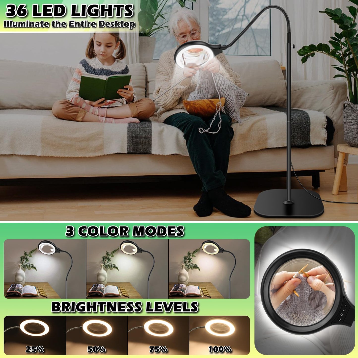 10X 30X Large Floor Magnifying Glass with Light and Stand,36 LED Flexible Gooseneck Floor Magnifying Lamp,Clip on Lighted Magnifiers for Reading,Sewing,Crafts,Painting,DIY,Close Work