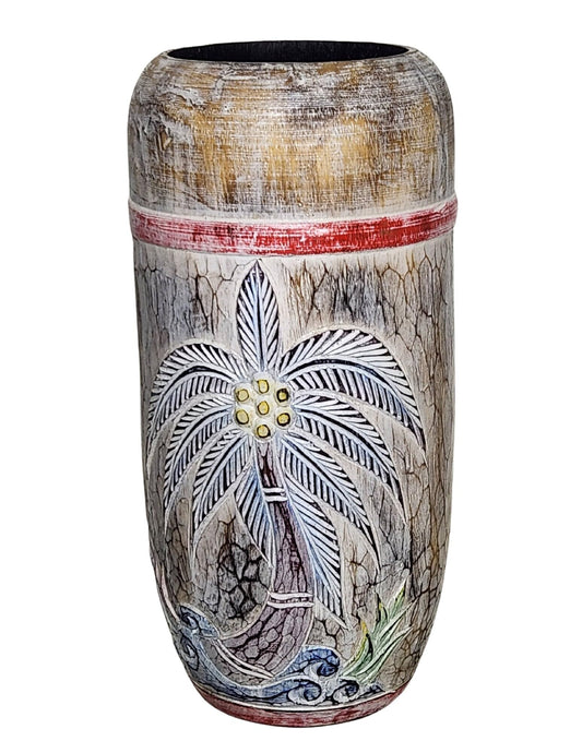 Hand Carved One of a Kind Wood Nautical Palm Tree Vase Umbrella Holder Decorative Art Tropical Island Nautical Coastal