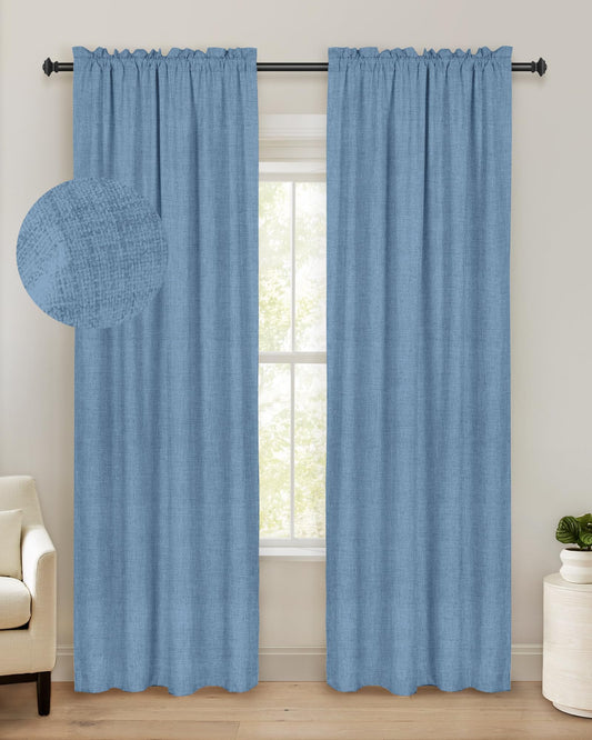 100% Blackout Shield Linen Blackout Curtains 96 Inches Long 2 Panels Set, Blackout Curtains for Bedroom/Living Room, Thermal Insulated Rod Pocket Window Curtains & Drapes, 50W X 96L, Blue