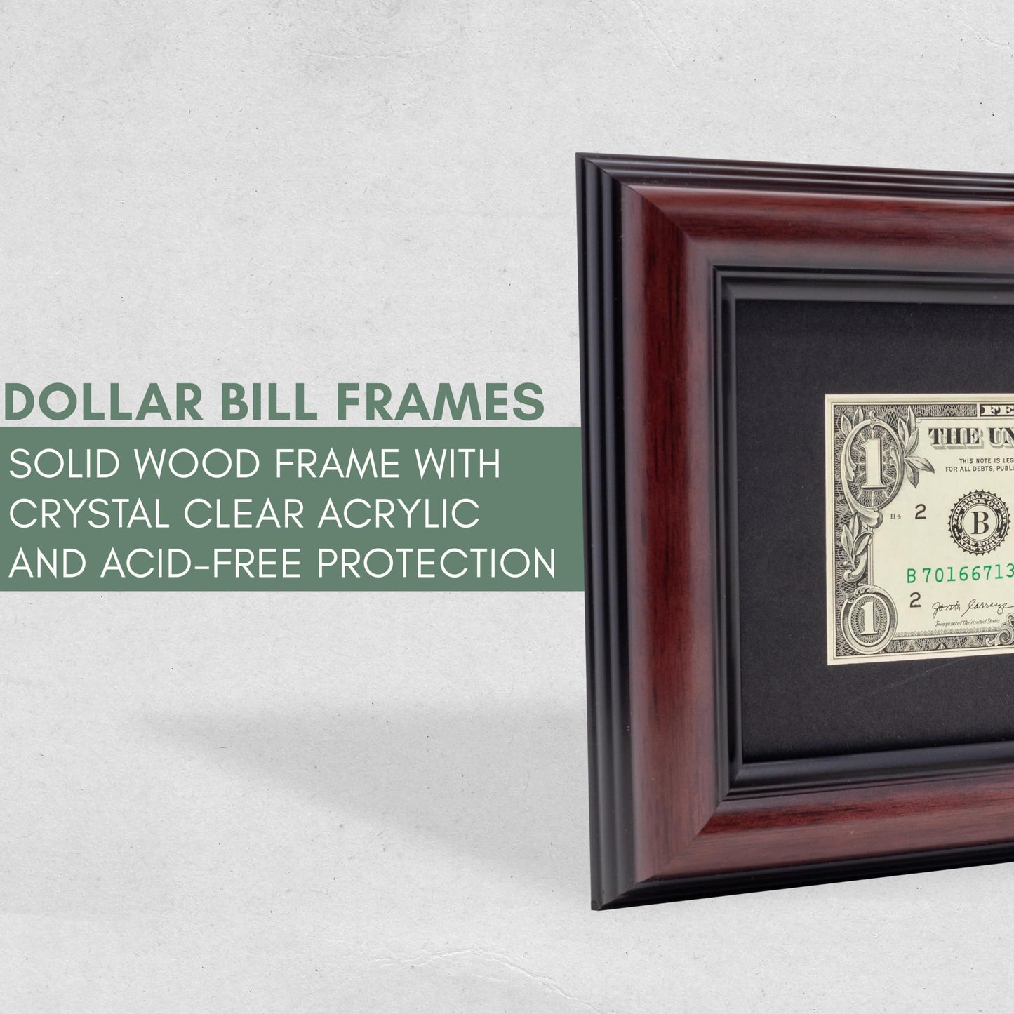 CountryArtHouse Traditional Mahogany First Dollar Frame with Black Photo Mat, Dollar Bill Holder with Easel Stand and Wall Hanger Included