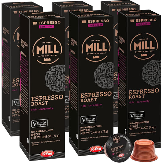 Mr and Mrs Mill Dark Roast Espresso K-fee® & compatible with Starbucks Verismo* | 60 Count (6 boxes X 10 Pods) | Dark Roast Single Serve Espresso Pods (60)