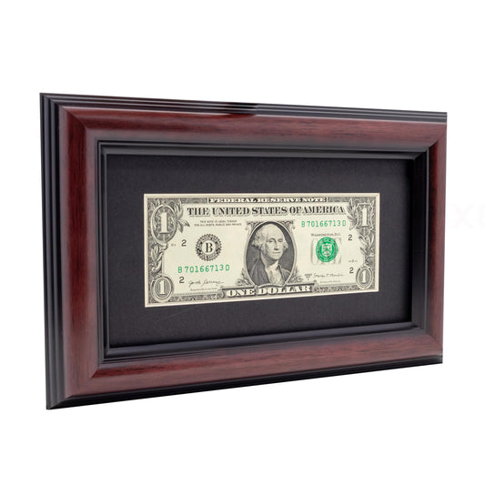 CountryArtHouse Traditional Mahogany First Dollar Frame with Black Photo Mat, Dollar Bill Holder with Easel Stand and Wall Hanger Included