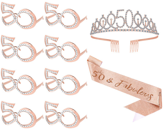 10 Pcs 50th Birthday Decorations for Women Rose Gold 50th Birthday Glitter Glasses Birthday Sash and Tiara 50th Birthday Accessory for Birthday Party