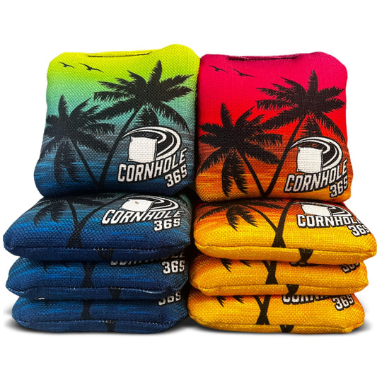 Cornhole365 Themed Cornhole Bags - All-Weather, Heavy-Duty, Resin Filling, Double-Stitched Duck Cloth - Professional Corn Hole Bean Bags for Indoor & Outdoor Use - Beach and Palm Trees - Set of 8
