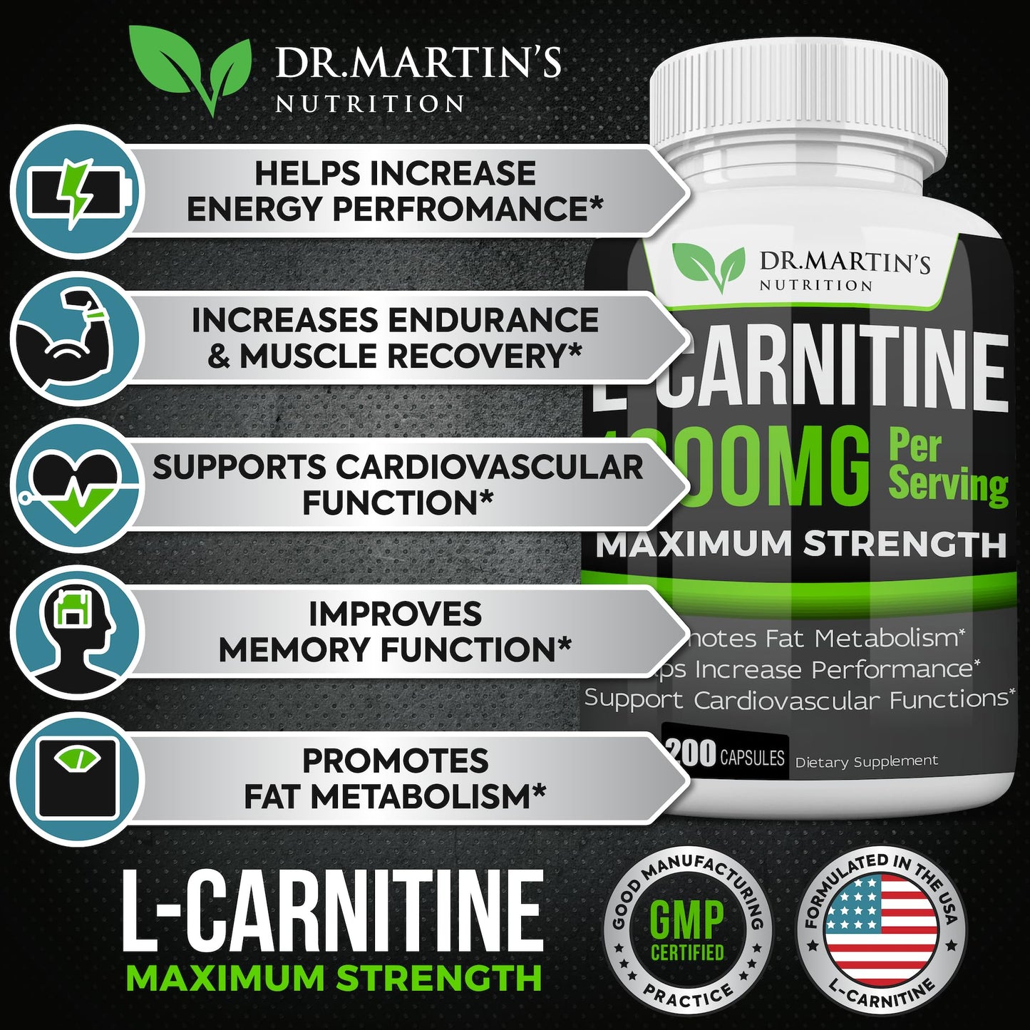 DR. MARTIN'S NUTRITION Extra Strength L-Carnitine - 200 Capsules - 1000mg Per Serving - Boost Your Metabolism and Increase Performance