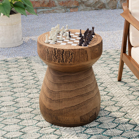 COSIEST Outdoor Side Table w Chessboard, 14''Concrete Faux Wooden Garden Stool, Lightweight Decor Outdoor Round End Table, Plant Stand for Garden and Deck, Brown